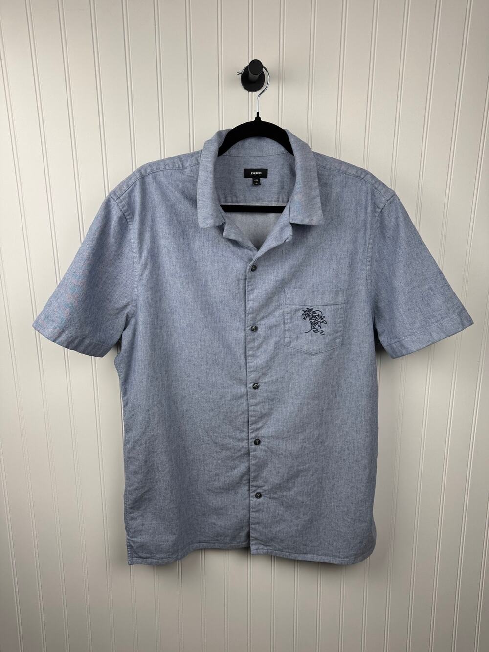 Express Men’s Light Blue Linen Blend Camp Shirt Palm Tree Pocket L Tall